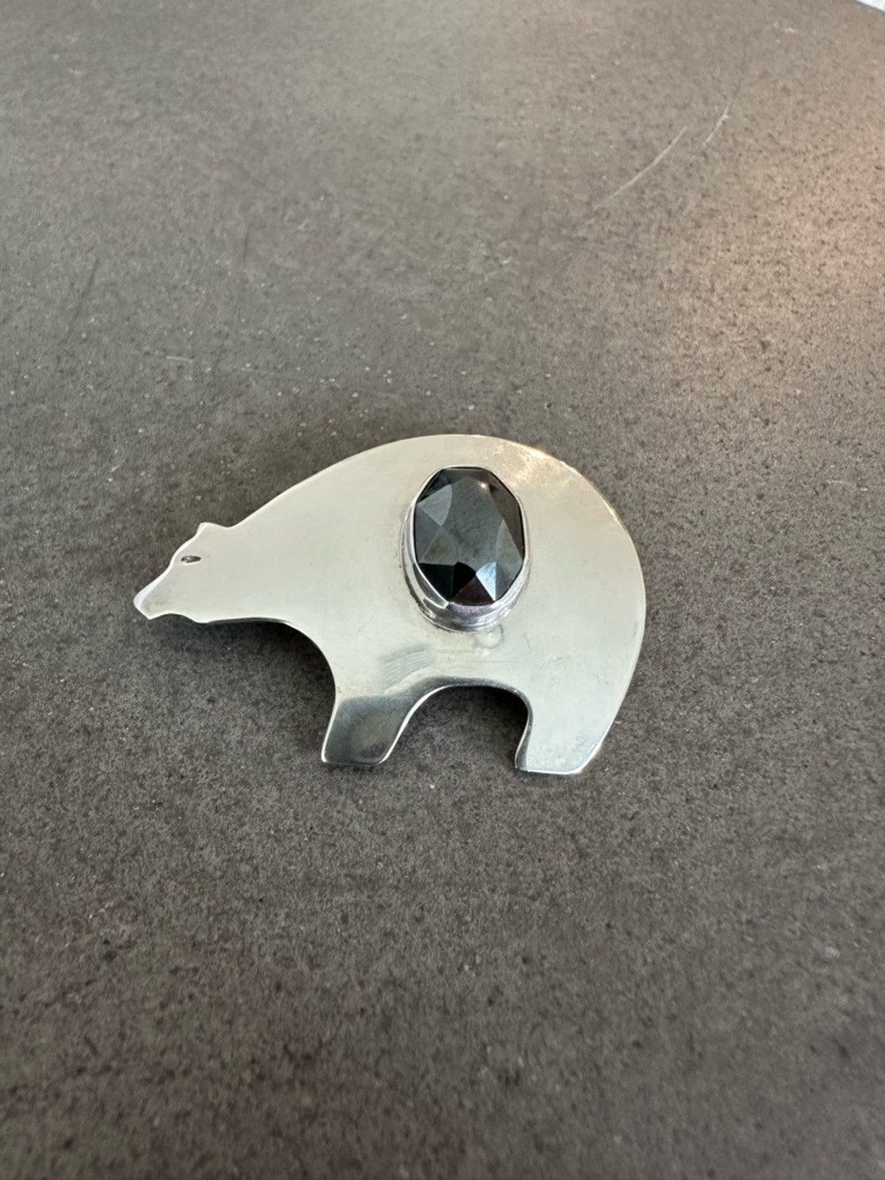 Vintage Sterling Silver Bear Brooch with Faceted Black Stone
